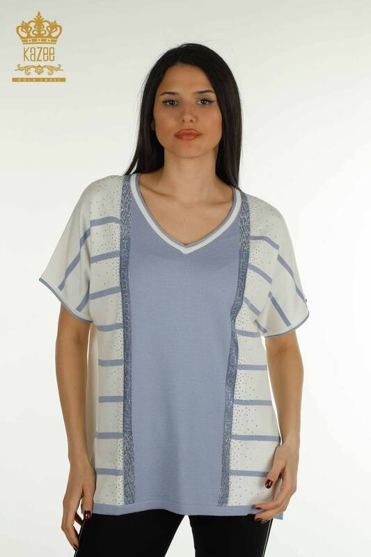 Pulover de tricotaj de damă cu ridicata - Dungi - albastru - 30699 | KAZEE