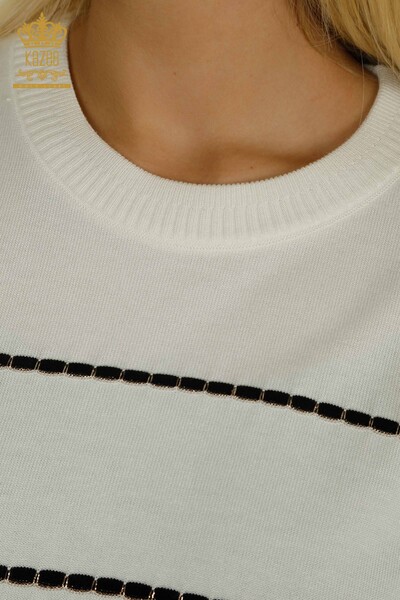 Pulover de tricot de damă cu ridicata - Dungi - Ecru - 30795 | KAZEE - Thumbnail
