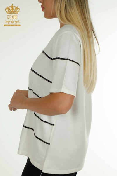 Pulover de tricot de damă cu ridicata - Dungi - Ecru - 30795 | KAZEE - Thumbnail