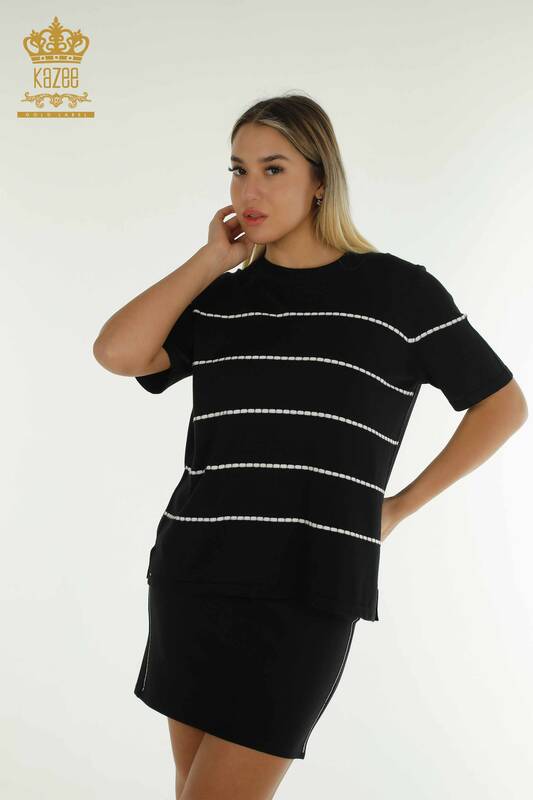 Pulover de tricotaj de damă cu ridicata - Dungi - Negru - 30795 | KAZEE