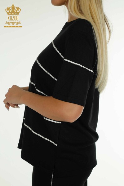 Pulover de tricotaj de damă cu ridicata - Dungi - Negru - 30795 | KAZEE - Thumbnail