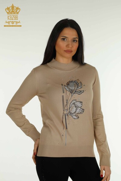 Pulover de tricotaj pentru femei - Cu Model floral - bej - 30656 | KAZEE - Thumbnail
