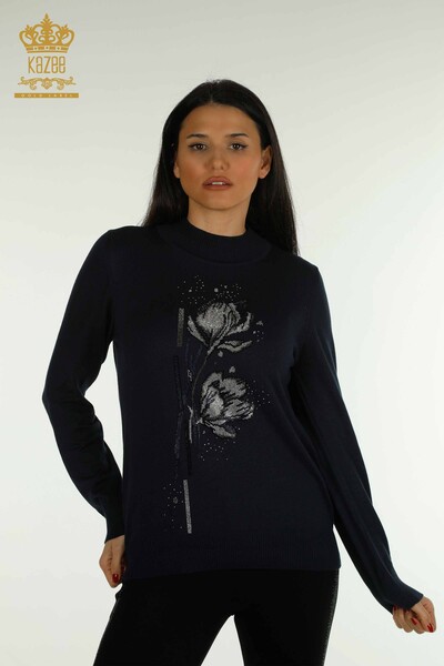 Pulover de tricotaj pentru femei - cu model floral - bleumarin - 30656 | KAZEE - Thumbnail