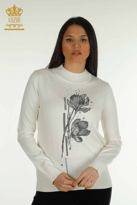 Pulover de tricotaje pentru femei cu ridicata - Floral Motiv - Ecru - 30656 | KAZEE