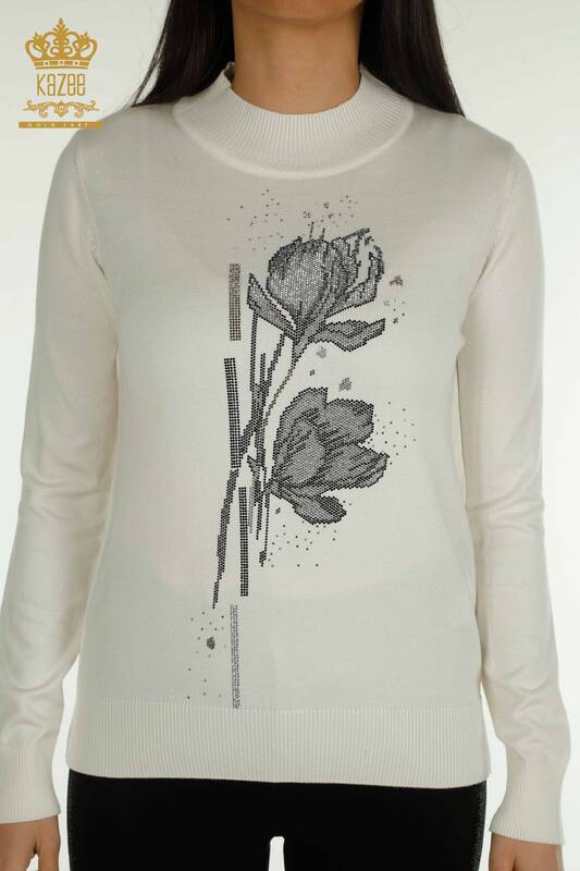 Pulover de tricotaje pentru femei cu ridicata - Floral Motiv - Ecru - 30656 | KAZEE