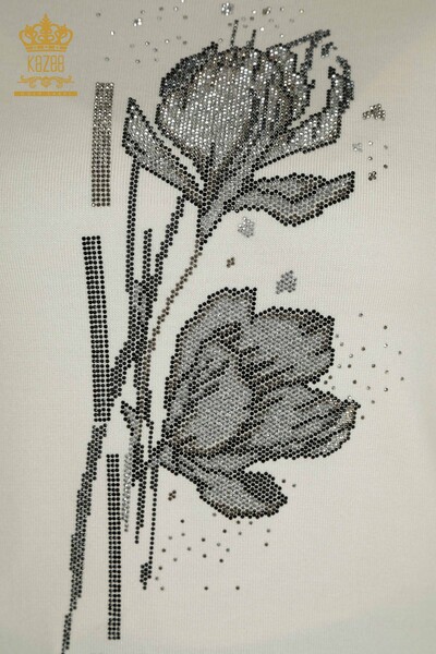 Pulover de tricotaje pentru femei cu ridicata - Floral Motiv - Ecru - 30656 | KAZEE - Thumbnail (2)