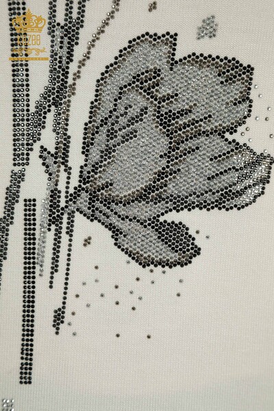 Pulover de tricotaje pentru femei cu ridicata - Floral Motiv - Ecru - 30656 | KAZEE - Thumbnail