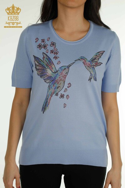 Pulover de tricotaj pentru femei cu ridicata - Model cu pasăre - Albastru - 30456 | KAZEE - Thumbnail