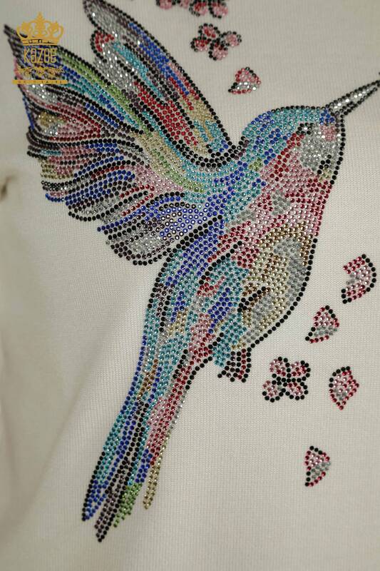Pulover de tricotaj pentru femei cu ridicata - Model de păsări - Ecru - 30456 | KAZEE