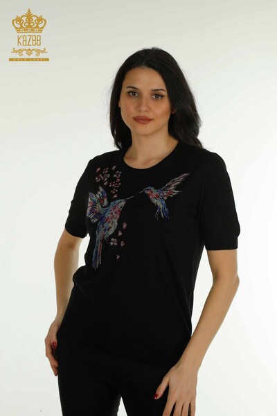 Pulover de tricotaj pentru femei cu ridicata - Model cu pasăre - Negru - 30456 | KAZEE - Thumbnail