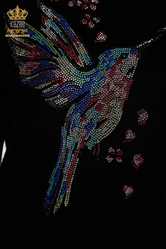 Pulover de tricotaj pentru femei cu ridicata - Model cu pasăre - Negru - 30456 | KAZEE