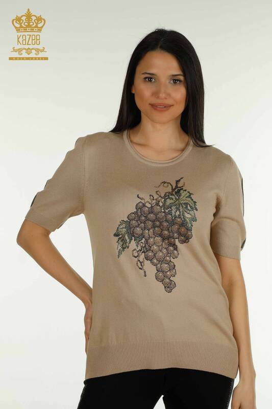 En-gros tricotaje pentru femei Pulover - Struguri Motiv - Bej - 30488 | KAZEE