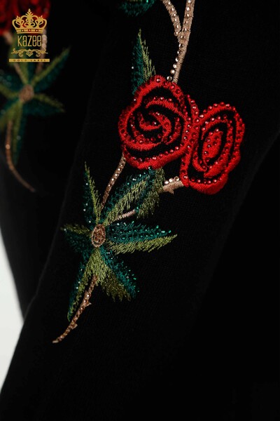 Pulover de tricotaj pentru femei - cu model trandafir - negru - 16285 | KAZEE - Thumbnail