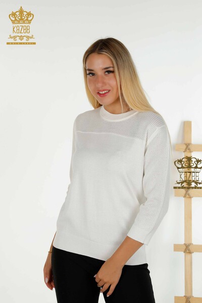 Pulover de tricotaj de damă cu ridicata - De bază - Cu sigla - Ecru - 30258 | KAZEE - Thumbnail