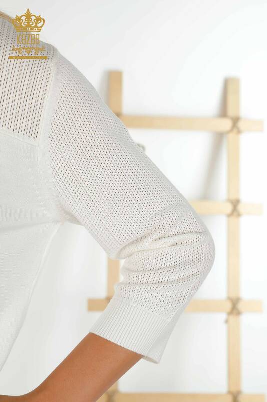 Pulover de tricotaj de damă cu ridicata - De bază - Cu sigla - Ecru - 30258 | KAZEE