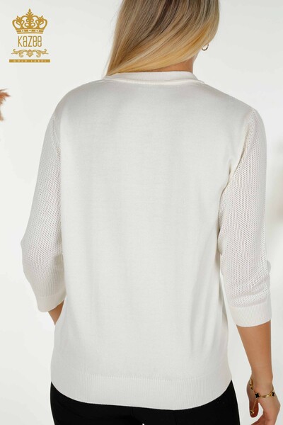 Pulover de tricotaj de damă cu ridicata - De bază - Cu sigla - Ecru - 30258 | KAZEE - Thumbnail