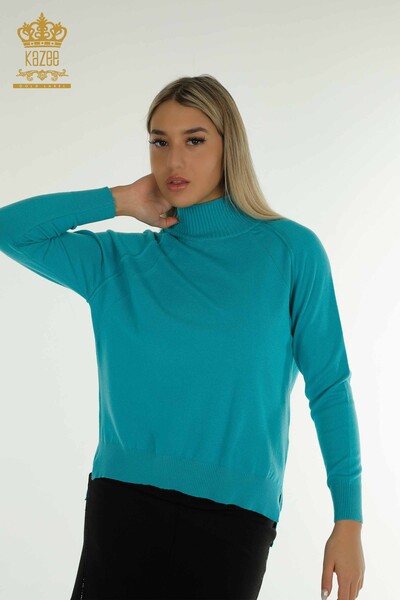 Pulover de tricotaj de damă cu ridicata - De bază - Turcoaz - 30757 | KAZEE - Thumbnail