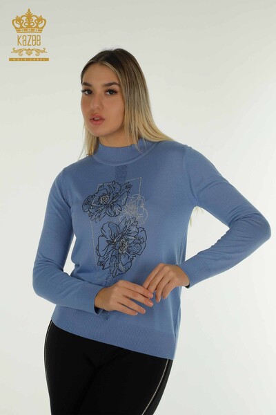 En-gros tricotaje pentru femei Pulover - Cu flori brodate - Albastru - 30614 | KAZEE - Thumbnail
