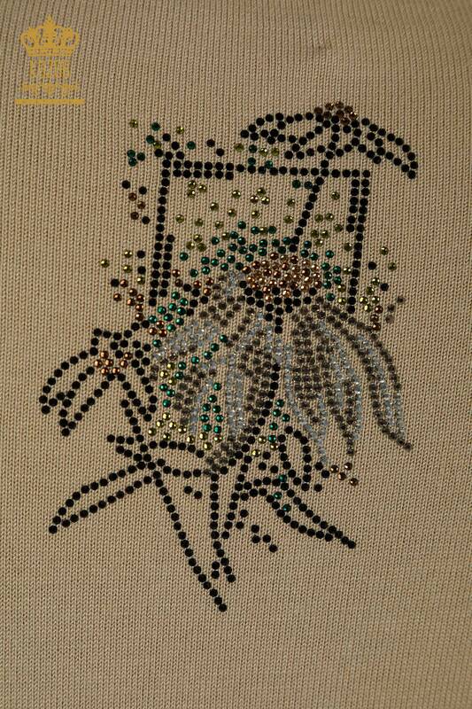 En-gros tricotaje pentru femei Pulover - Cu flori brodate - bej - 30612 | KAZEE