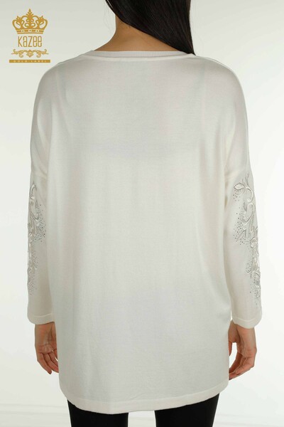 Pulover de tricotaj pentru femei - Cu broderie florală - Ecru - 30527 | KAZEE - Thumbnail