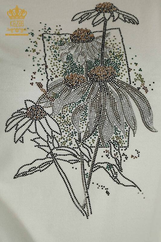 Pulover de tricotaj pentru femei cu ridicata - Cu flori brodate - Ecru - 30612 | KAZEE