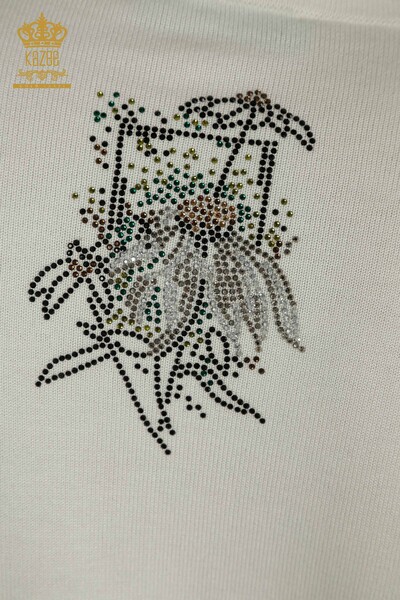 Pulover de tricotaj pentru femei cu ridicata - Cu flori brodate - Ecru - 30612 | KAZEE - Thumbnail