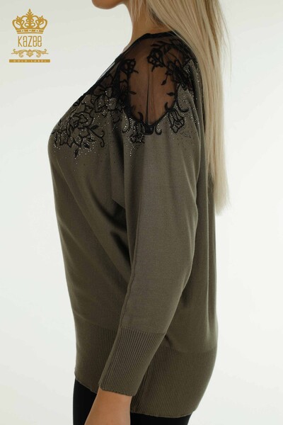 En-gros tricotaje pentru femei Pulover - Cu flori brodate - Kaki - 30228 | KAZEE - Thumbnail
