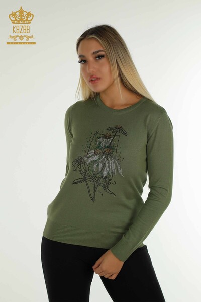 En-gros tricotaje pentru femei Pulover - Cu flori brodate - kaki - 30612 | KAZEE - Thumbnail