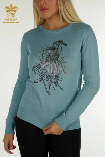 En-gros tricotaje pentru femei pulover - Cu flori brodate - mentă - 30612 | KAZEE - Thumbnail