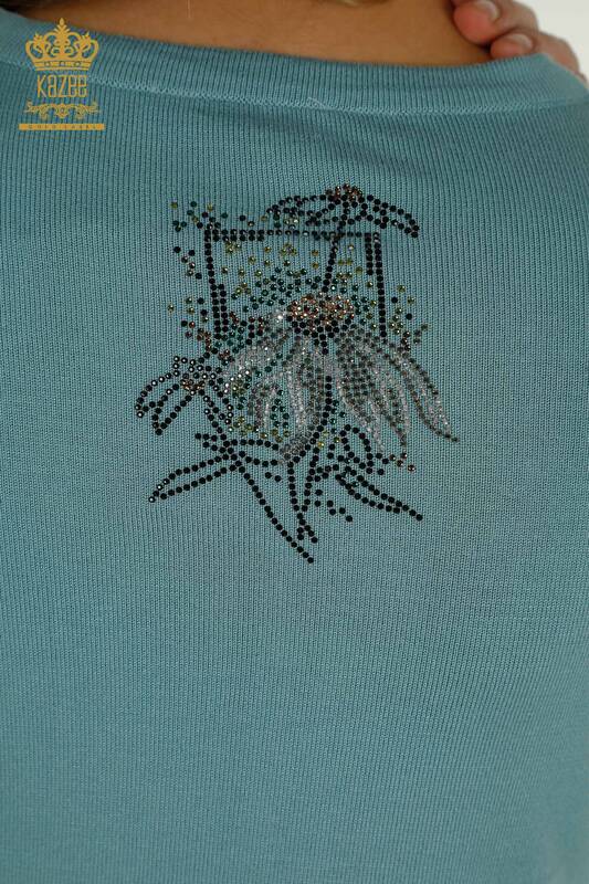 En-gros tricotaje pentru femei pulover - Cu flori brodate - mentă - 30612 | KAZEE