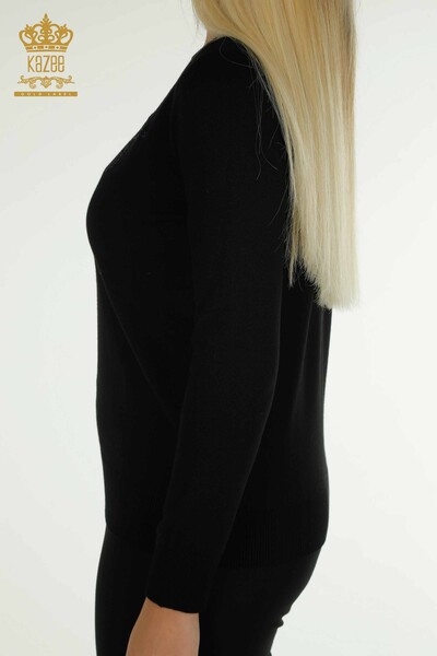 Pulover de tricotaj pentru femei - cu broderie florală - negru - 30126 | KAZEE - Thumbnail