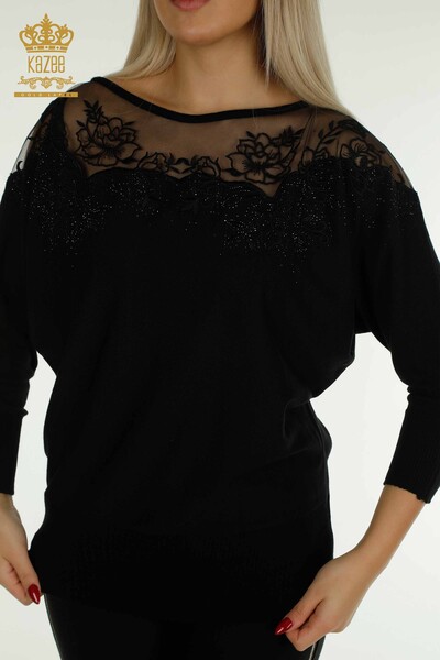 En-gros tricotaje pentru femei Pulover - cu flori brodate - negru - 30228 | KAZEE - Thumbnail