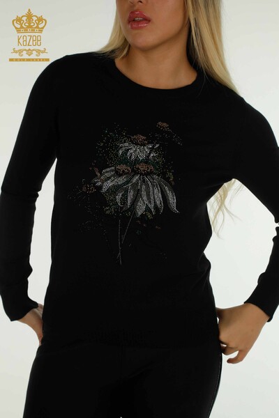 Pulover de tricotaje pentru femei cu ridicata - cu Flori brodate - negru - 30612 | KAZEE - Thumbnail