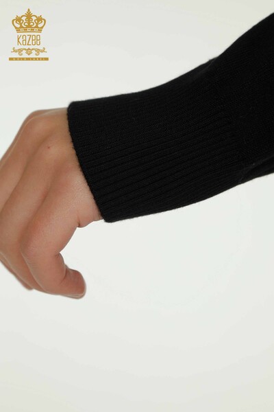 Pulover de tricotaj pentru femei - Cu broderie florală - negru - 30614 | KAZEE - Thumbnail
