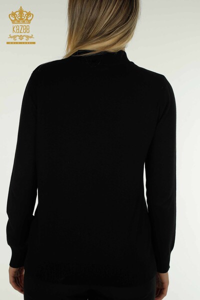 Pulover de tricotaj pentru femei - Cu broderie florală - negru - 30614 | KAZEE - Thumbnail