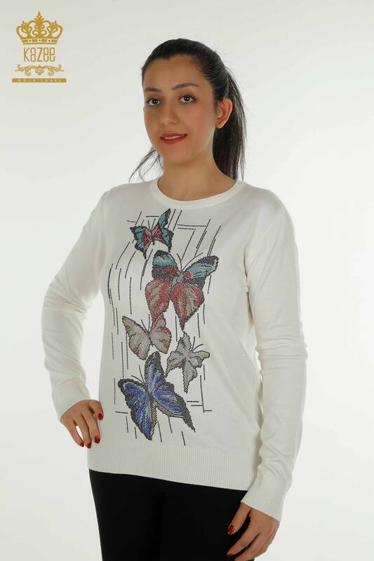 En-gros Tricotaj pentru femei Pulover Fluture Brodat Ecru - 30215 | KAZEE
