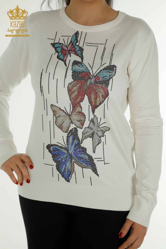 En-gros Tricotaj pentru femei Pulover Fluture Brodat Ecru - 30215 | KAZEE