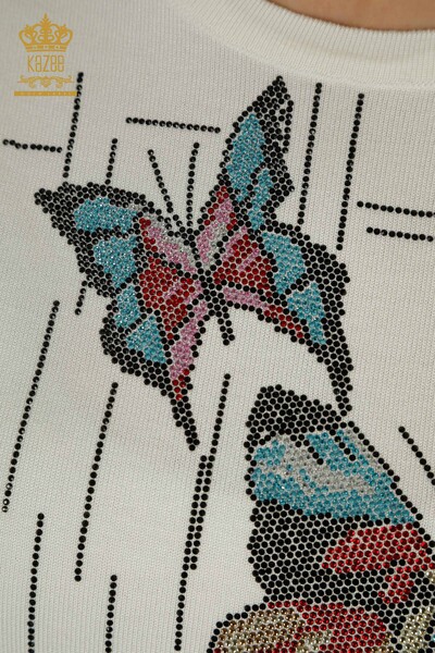 En-gros Tricotaj pentru femei Pulover Fluture Brodat Ecru - 30215 | KAZEE - Thumbnail