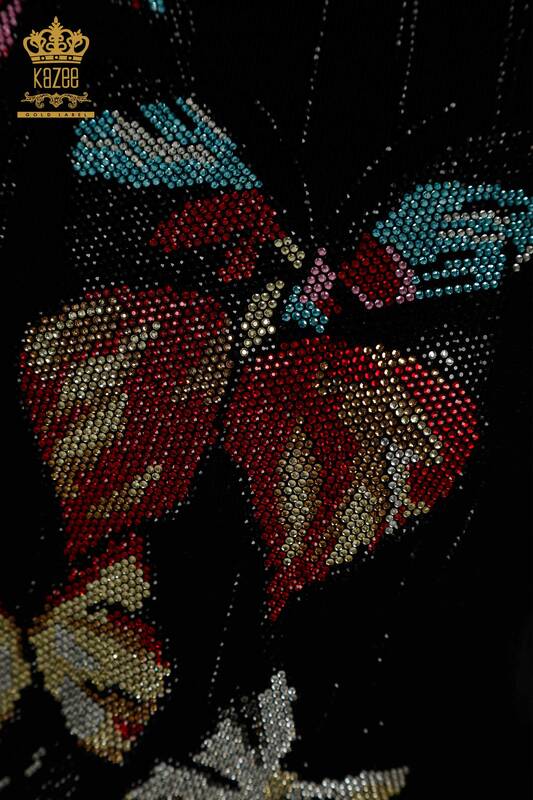 En-gros Tricotaj pentru femei Pulover Fluture Brodat Negru - 30215 | KAZEE