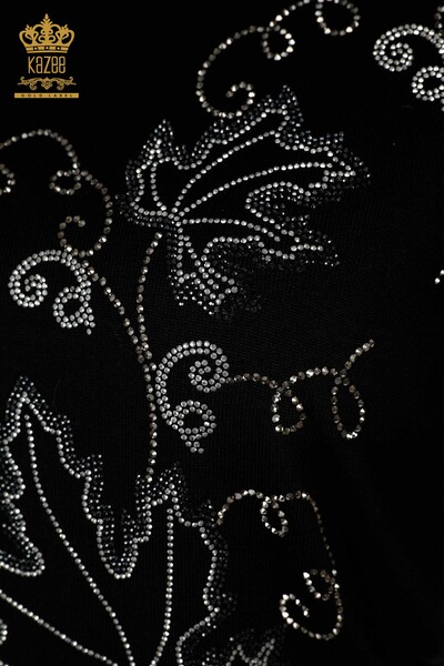 Tricotaj cu ridicata pentru femei Pulover negru cu broderie frunze - 30654 | KAZEE - Thumbnail