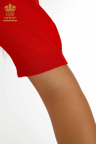 Pulover de tricotaj pentru femei cu ridicata - Frunze brodate - Roșu - 30654 | KAZEE - Thumbnail