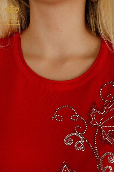 Pulover de tricotaj pentru femei cu ridicata - Frunze brodate - Roșu - 30654 | KAZEE - Thumbnail