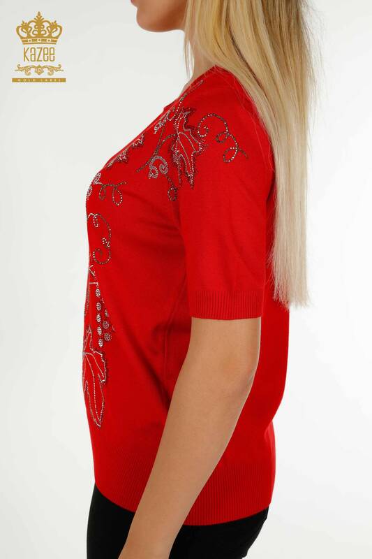 Pulover de tricotaj pentru femei cu ridicata - Frunze brodate - Roșu - 30654 | KAZEE