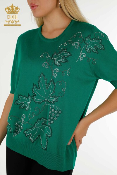 Pulover de tricotaj pentru femei cu ridicata - Frunze brodate - Verde - 30654 | KAZEE - Thumbnail