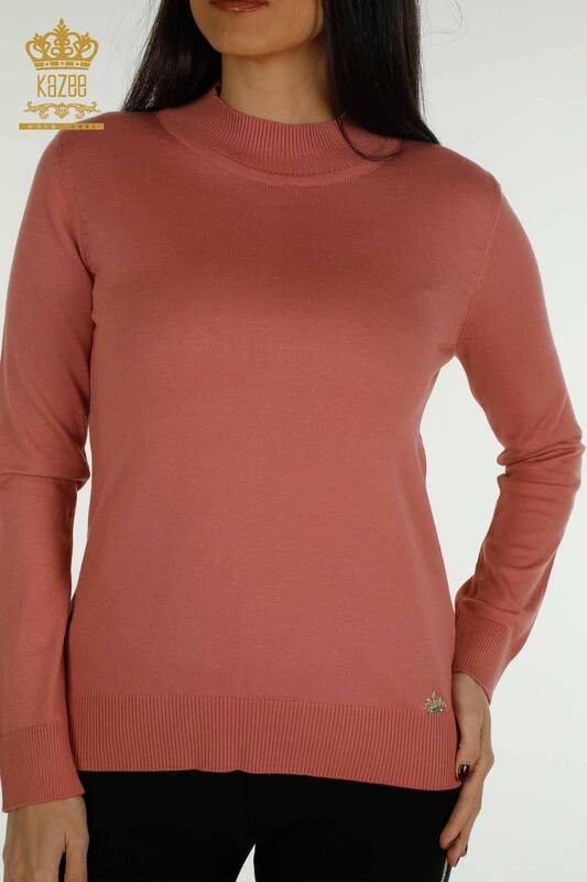 Pulover de tricotaj pentru femei cu ridicata - Guler stand - De bază - Trandafir uscat - 30613 | KAZEE