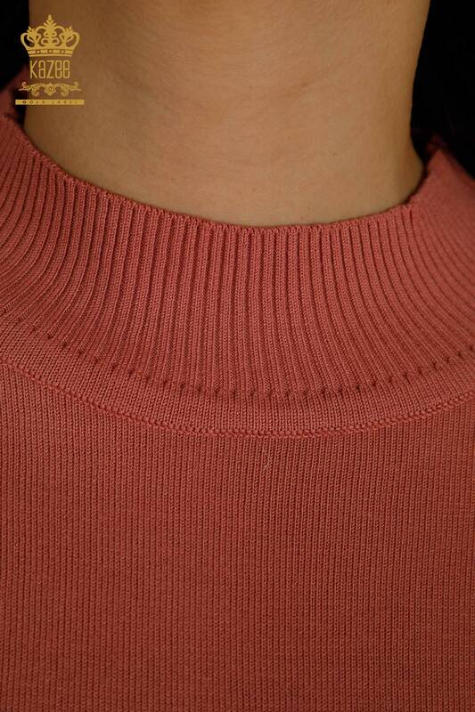 Pulover de tricotaj pentru femei cu ridicata - Guler stand - De bază - Trandafir uscat - 30613 | KAZEE
