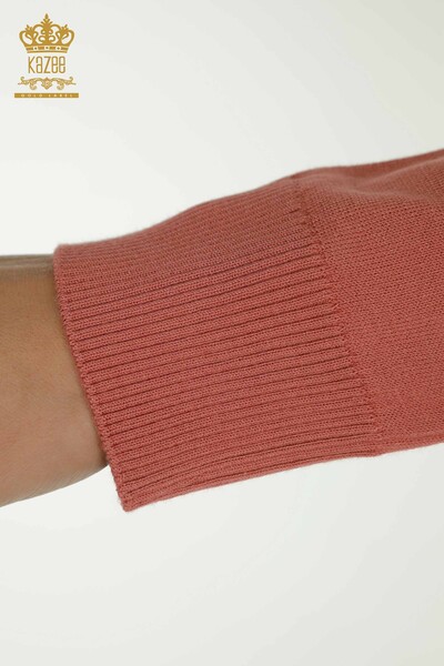 Pulover de tricotaj pentru femei cu ridicata - Guler stand - De bază - Trandafir uscat - 30613 | KAZEE - Thumbnail