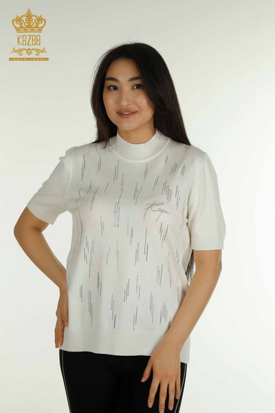 Kazee - Pulover de tricotaj pentru femei cu ridicata - Guler stand - Ecru - 30599 | KAZEE