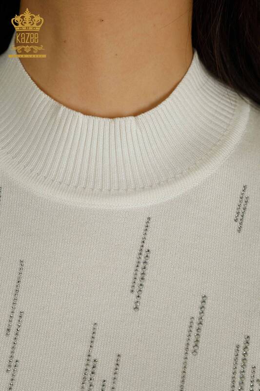Pulover de tricotaj pentru femei cu ridicata - Guler stand - Ecru - 30599 | KAZEE