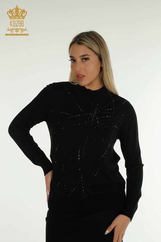 Pulover de tricotaj de damă cu ridicata - Guler stand - negru - 30454 | KAZEE